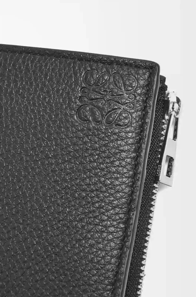 Portefeuille compact et fin en cuir de veau grainé souple, noir