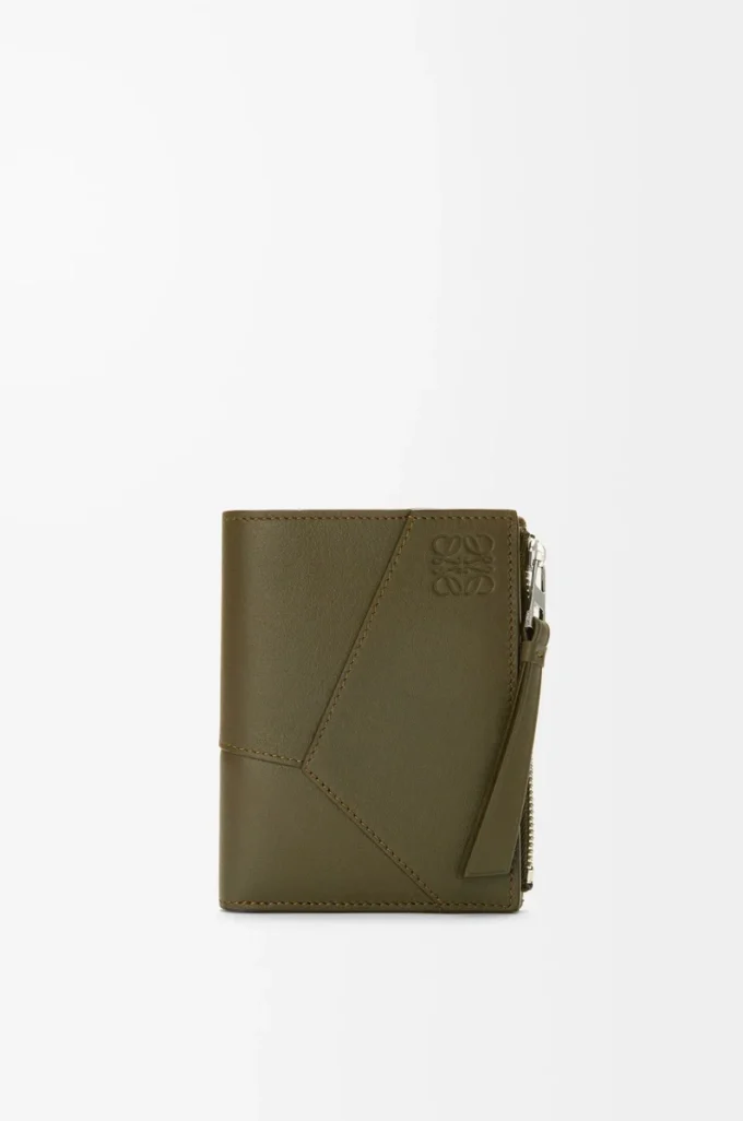 Portefeuille compact et fin Puzzle en cuir de veau classique Dark Khaki