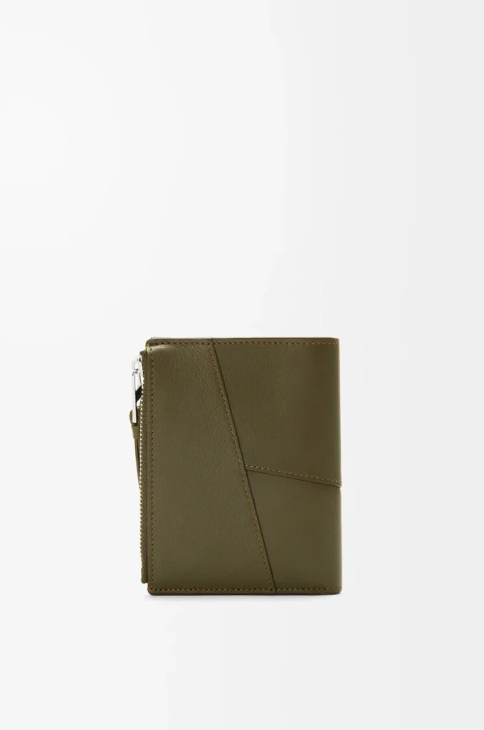 Portefeuille compact et fin Puzzle en cuir de veau classique Dark Khaki