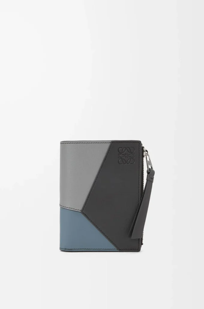 Portefeuille compact et fin Puzzle en cuir de veau classique Gris asphalte/Bleu tempête