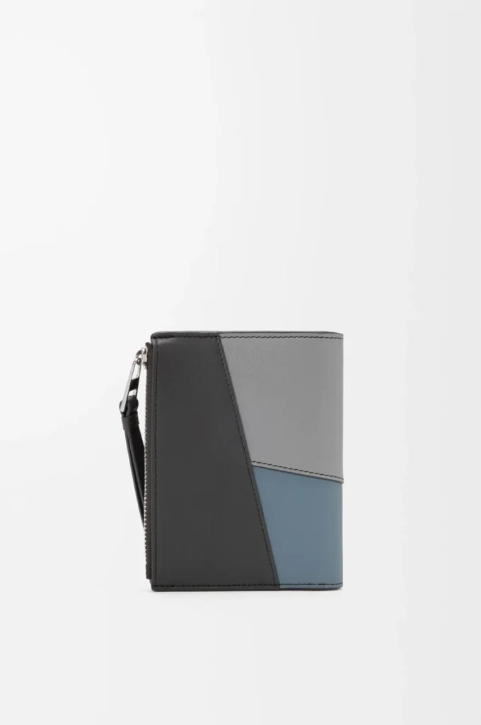 Portefeuille compact et fin Puzzle en cuir de veau classique Gris asphalte/Bleu tempête
