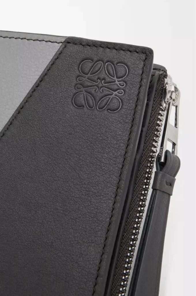 Portefeuille compact et fin Puzzle en cuir de veau classique Gris asphalte/Bleu tempête