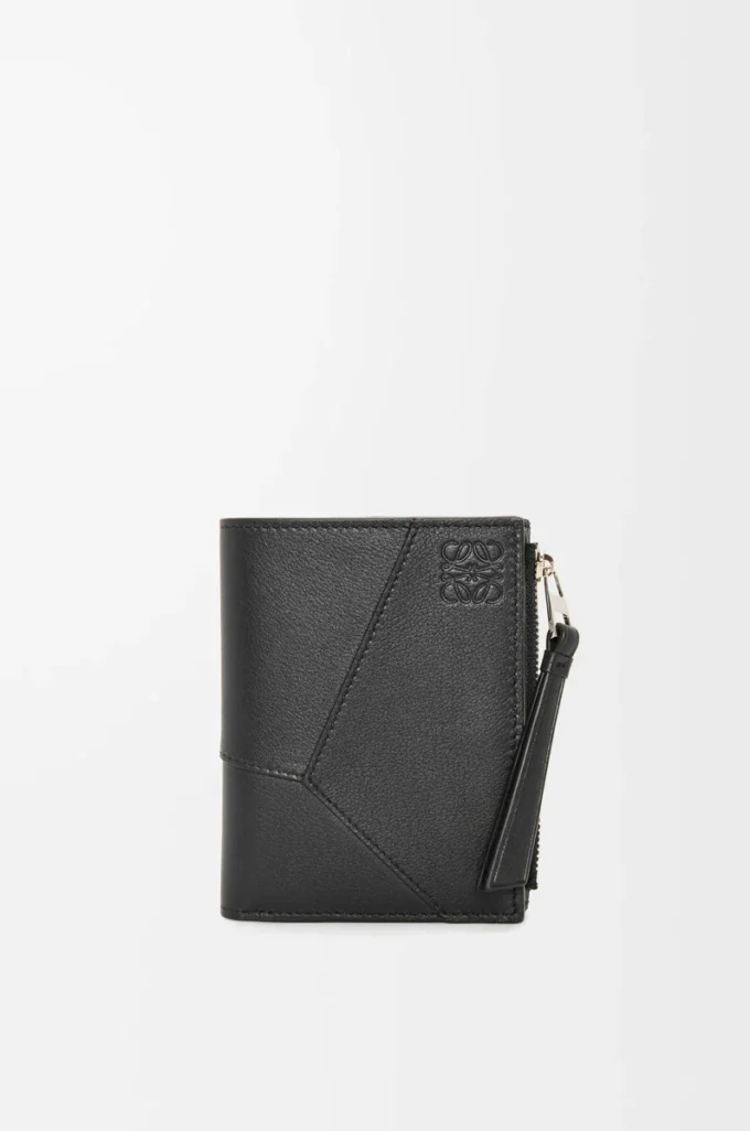 Portefeuille compact et fin Puzzle en cuir de veau classique Noir