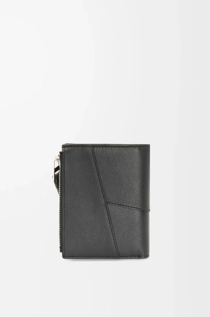 Portefeuille compact et fin Puzzle en cuir de veau classique Noir