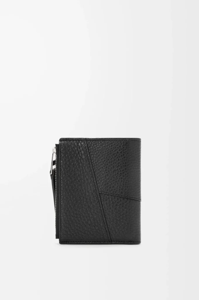 Portefeuille compact et fin Puzzle en cuir de veau grainé souple Noir Portefeuille compact et fin Puzzle en cuir de veau grainé souple Noir