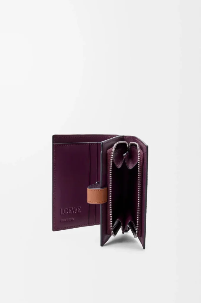 Portefeuille compact à fermeture éclair en cuir de veau grainé souple Dirty Mauve/Squirrel
