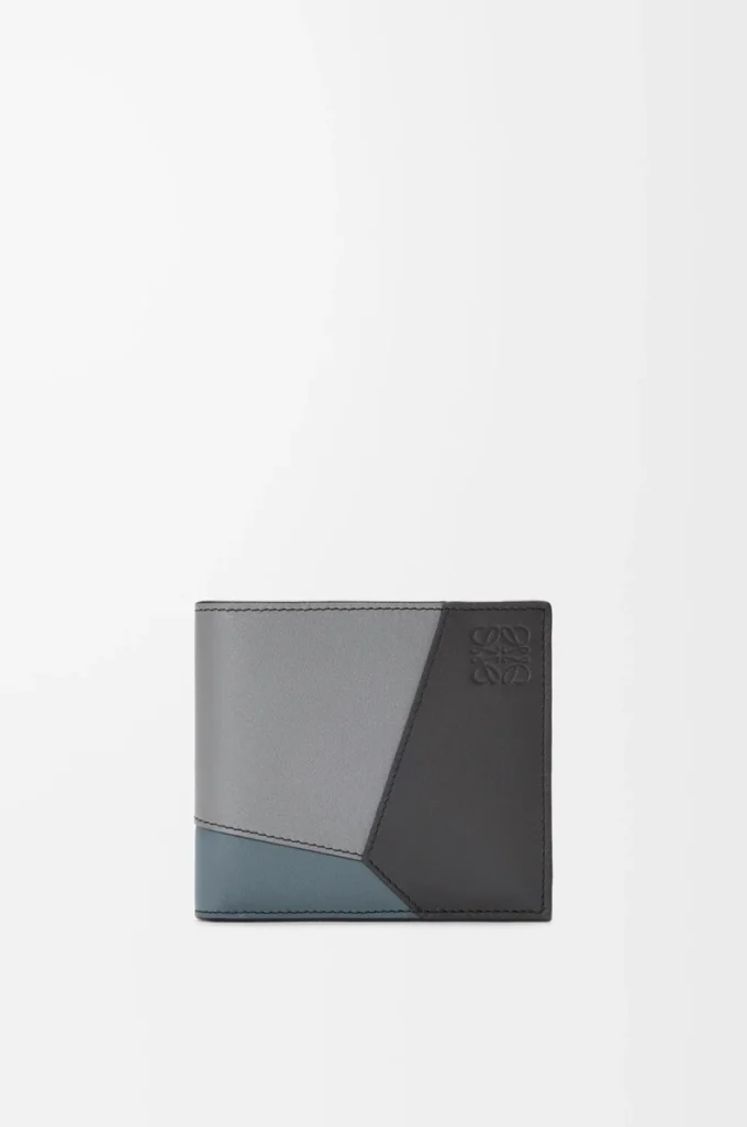 Portefeuille à deux volets Puzzle en cuir de veau classique Gris asphalte/Bleu tempête