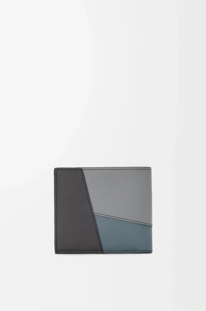Portefeuille à deux volets Puzzle en cuir de veau classique Gris asphalte/Bleu tempête