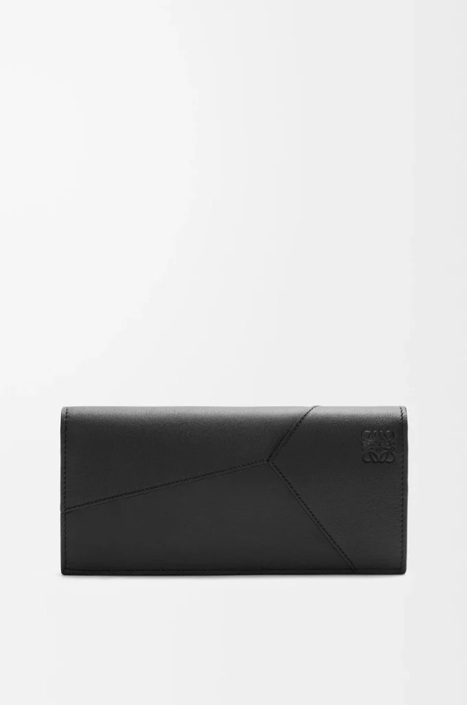 Portefeuille long horizontal Puzzle en cuir de veau classique Noir