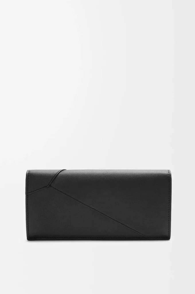 Portefeuille long horizontal Puzzle en cuir de veau classique Noir