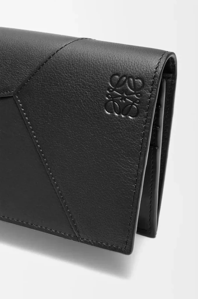 Portefeuille long horizontal Puzzle en cuir de veau classique Noir