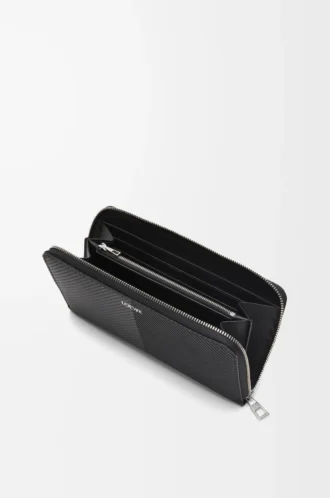 Portefeuille zippé en cuir de veau classique texturé Noir