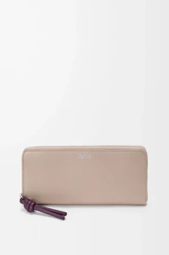 Portefeuille zippé à nœud en cuir de veau nappa brillant Clay/Plum