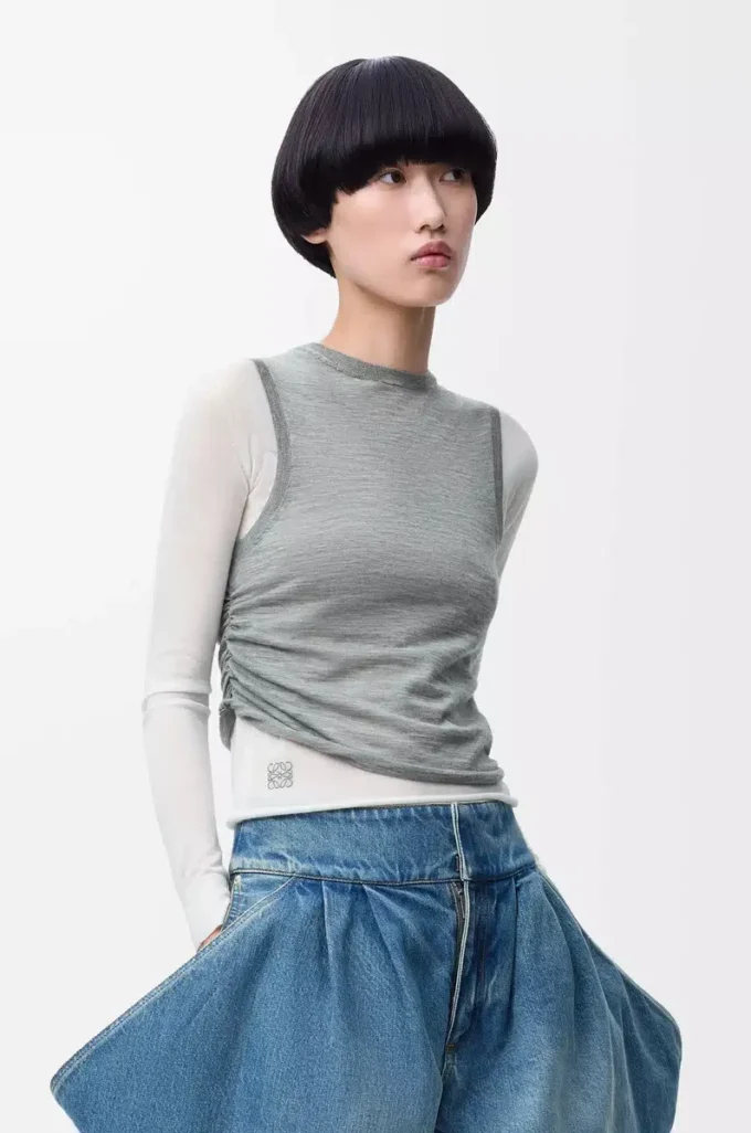 Pull drapé en cachemire Gris/Blanc