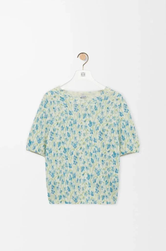 Pull à manches courtes en coton mélangé blanc/bleu