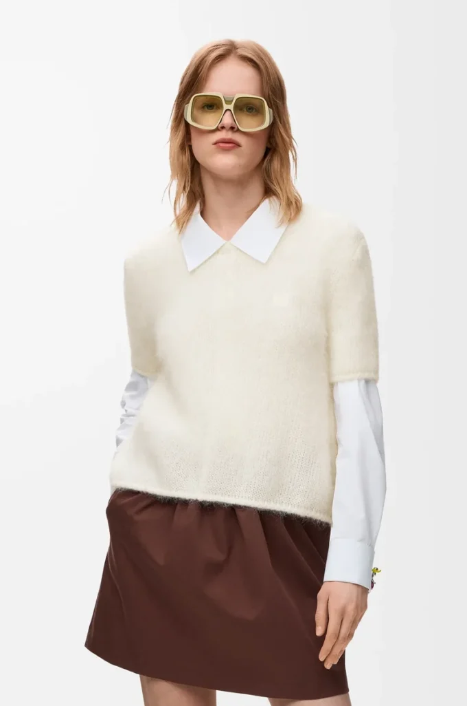 Pull à manches courtes en mélange mohair blanc