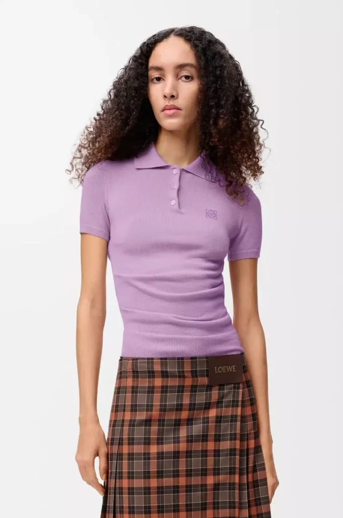 Pull polo à manches courtes en cachemire et soie Lilas