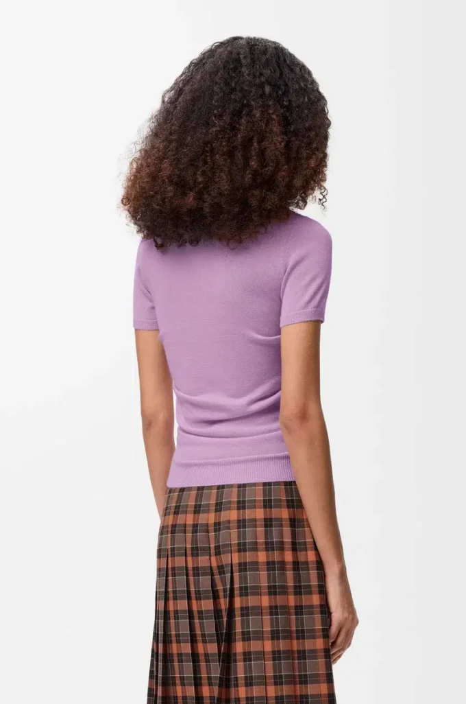 Pull polo à manches courtes en cachemire et soie Lilas