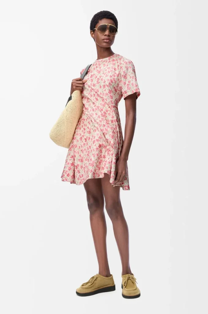 Robe torsadée en taffetas de soie mélangée Blanc/Rose Robe torsadée en taffetas de soie mélangée Blanc/Rose
