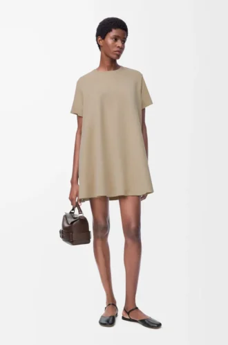Robe trapèze en coton mélangé Beige