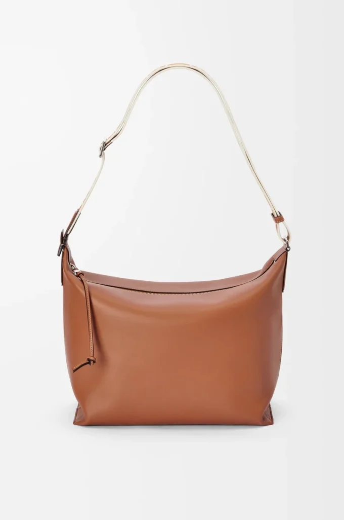 Sac à bandoulière Cubi en cuir de veau lisse et souple et jacquard beige