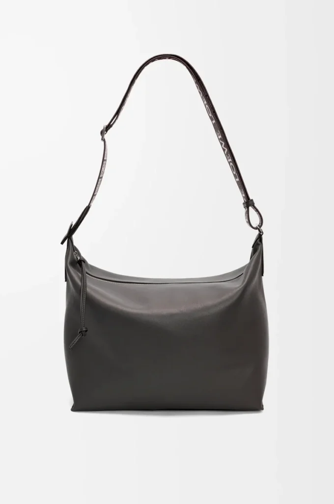 Sac à bandoulière Cubi en cuir de veau lisse et souple et jacquard gris foncé