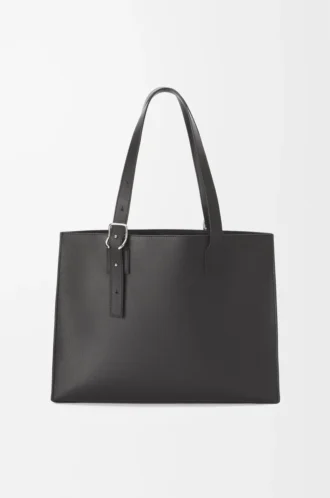 Sac cabas horizontal Buckle en cuir de veau classique Noir
