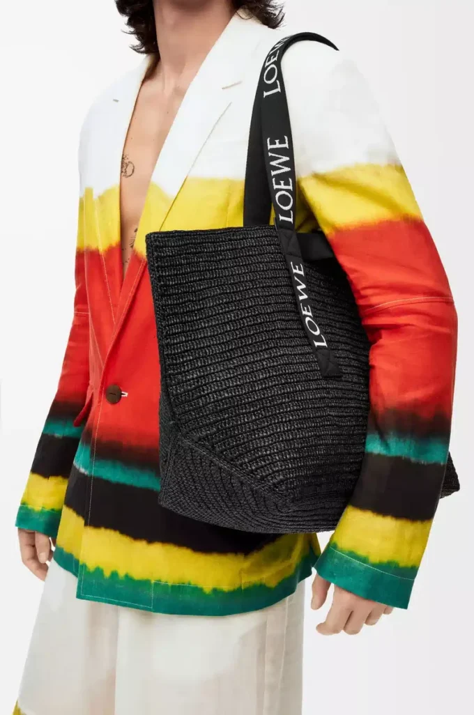 Sac cabas pliable en raphia Noir