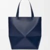 Sac cabas XL Puzzle Fold en cuir de veau brillant bleu abysse