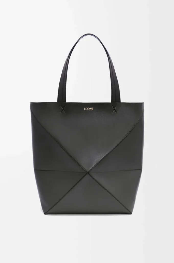 Sac cabas XL Puzzle Fold en cuir de veau brillant noir