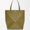 Sac cabas XL Puzzle Fold en cuir de veau brillant Olive