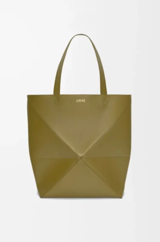 Sac cabas XL Puzzle Fold en cuir de veau brillant Olive