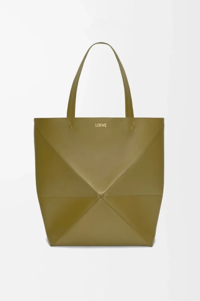 Sac cabas XL Puzzle Fold en cuir de veau brillant Olive