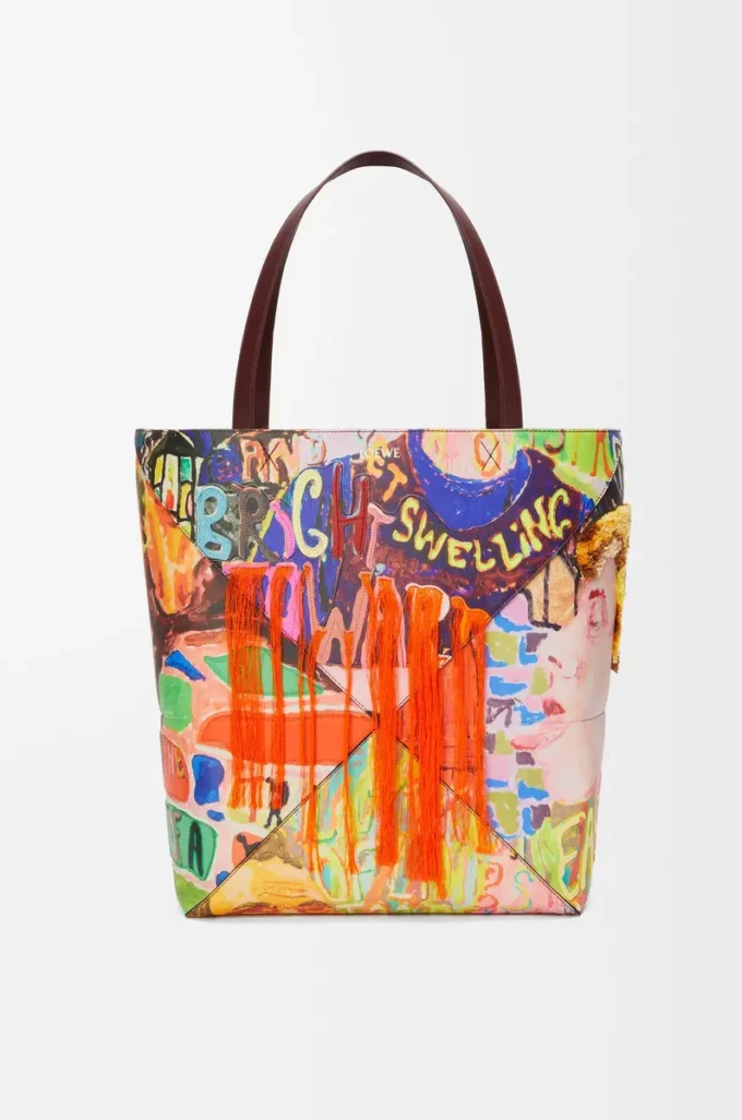Sac cabas XL Puzzle Fold en cuir de veau classique bordeaux foncé/multicolore