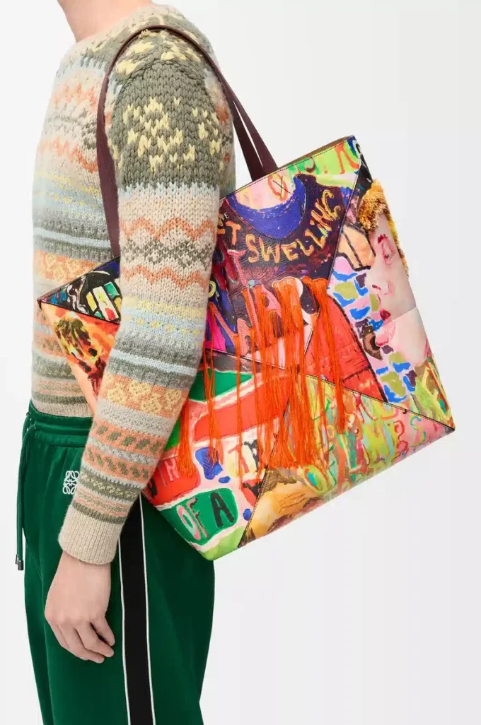 Sac cabas XL Puzzle Fold en cuir de veau classique bordeaux foncé/multicolore