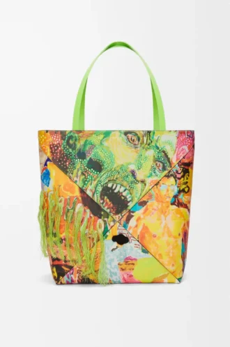 Sac cabas XL Puzzle Fold en cuir de veau classique vert vif/multicolore