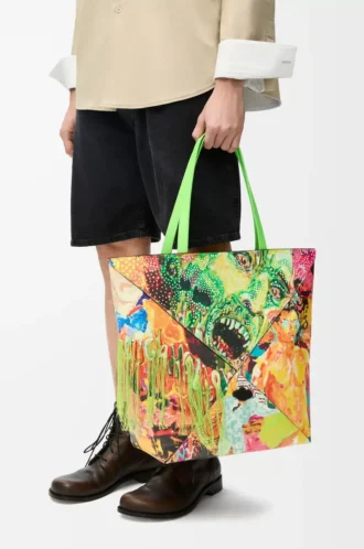 Sac cabas XL Puzzle Fold en cuir de veau classique vert vif/multicolore