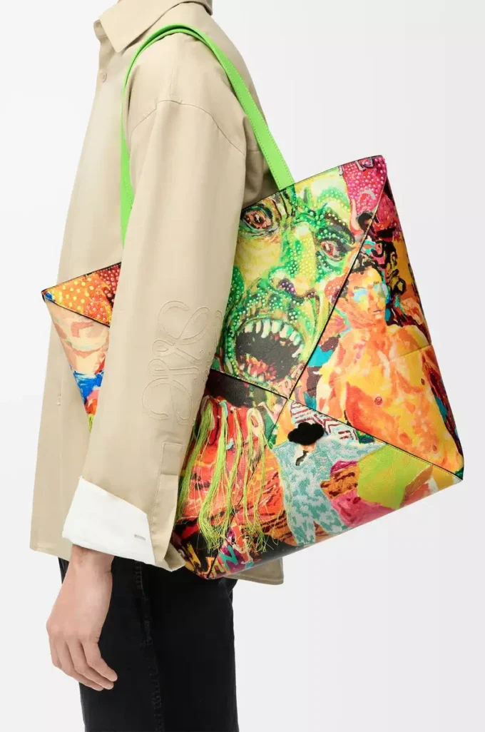 Sac cabas XL Puzzle Fold en cuir de veau classique vert vif/multicolore