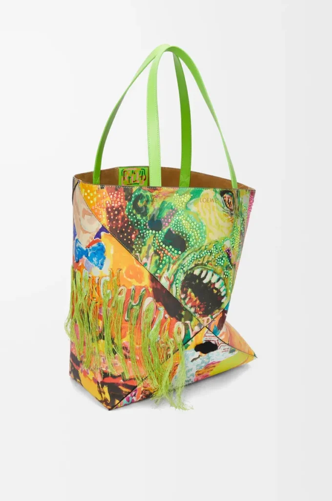 Sac cabas XL Puzzle Fold en cuir de veau classique vert vif/multicolore