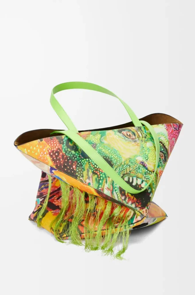Sac cabas XL Puzzle Fold en cuir de veau classique vert vif/multicolore