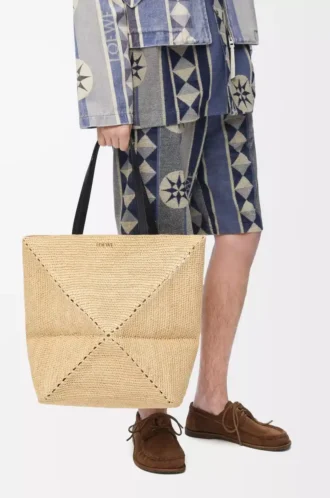 Sac cabas XL Puzzle Fold en raphia naturel/noir
