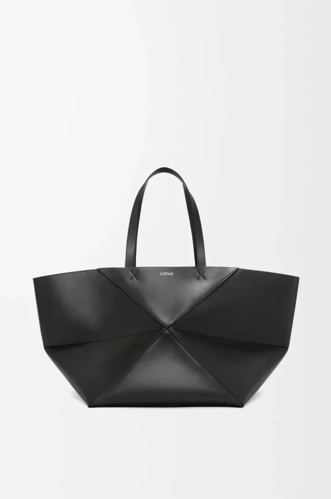 Sac cabas XXL Puzzle Fold en cuir de veau brillant Noir