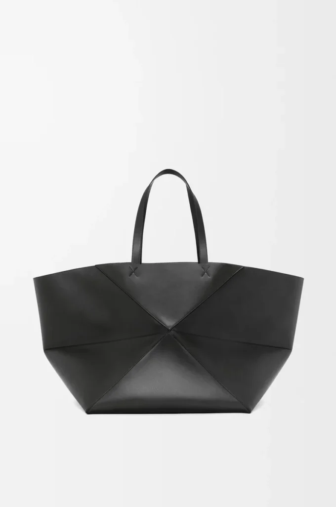 Sac cabas XXL Puzzle Fold en cuir de veau brillant Noir