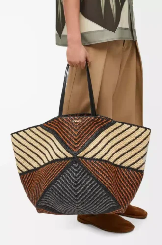 Sac cabas XXL Puzzle Fold en raphia naturel/miel doré