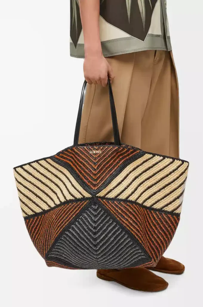 Sac cabas XXL Puzzle Fold en raphia naturel/miel doré
