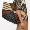 Sac cabas XXL Puzzle Fold en raphia naturel/miel doré