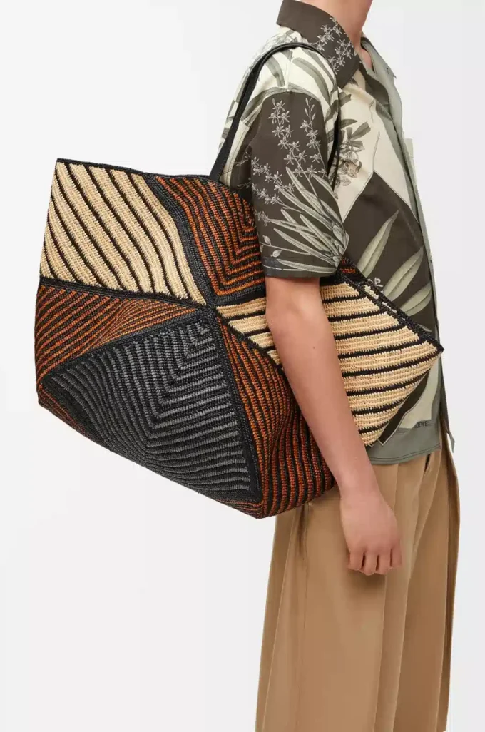 Sac cabas XXL Puzzle Fold en raphia naturel/miel doré