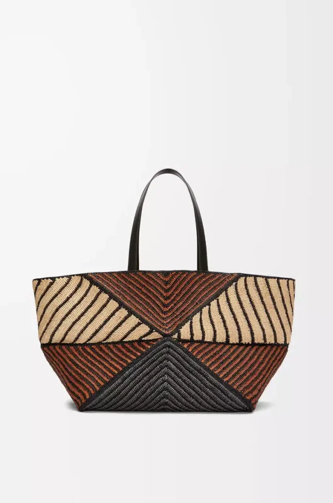 Sac cabas XXL Puzzle Fold en raphia naturel/miel doré