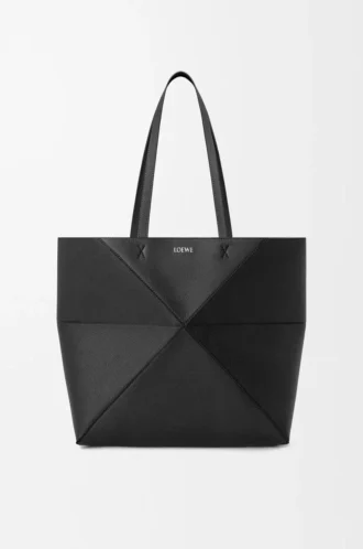 Sac fourre-tout Puzzle Fold moyen horizontal en cuir de veau grainé souple Noir
