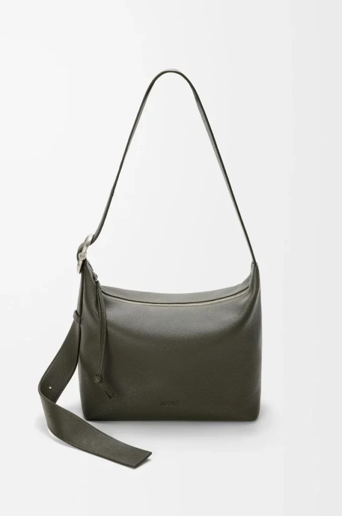 Sac hobo Loop en cuir de veau grainé souple Kaki foncé
